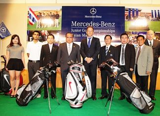 Representatives of Mercedes Benz and other tournament sponsors plus promoters Pentangle Promotions attend a press conference in Bangkok to announce the finals events to be held at Burapha Golf & Resort from June 13-15.